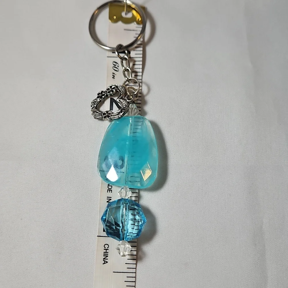 Romantic Sparkling Heart Charm Keychain with Blue Beads Handmade